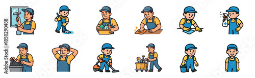Set of cartoon cleaner character illustrations showing a friendly janitor in a blue uniform performing various tasks like mopping, vacuuming, and washing windows in a cute mascot style