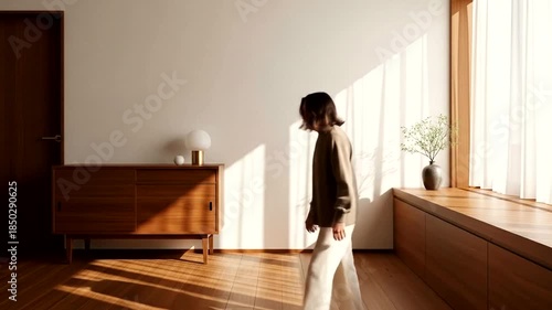 Woman Standing by a Sunlit Window in a Minimalist Room.