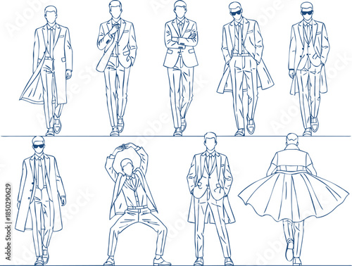 Fashion sketches of men in suits and coats in various poses and styles illustration