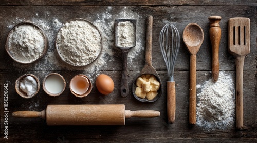 Ingredients for dough and baking utensils, flat lay top view