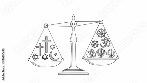 Religious Symbols Balanced on Scales, Representing Equality and Tolerance