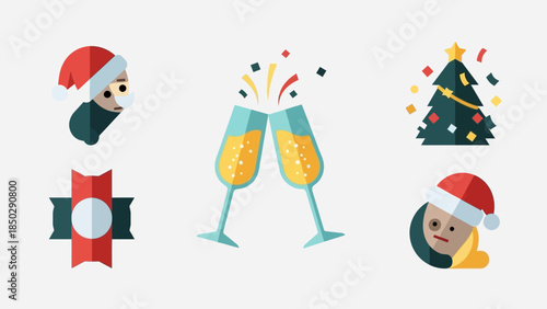 Christmas and New Year Celebration Icons Set with Santa, Champagne, and Tree.