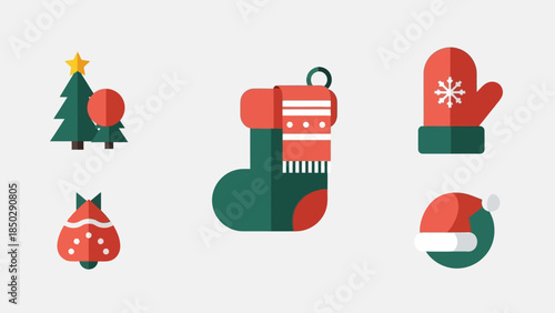 Christmas Holiday Icons Set with Tree, Stocking, Mitten, and Ornament.