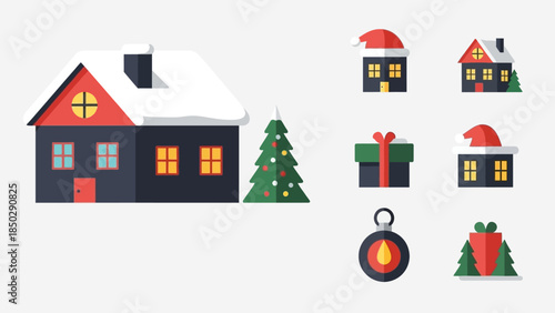 Christmas Icons Set Featuring Snowy House and Gifts.