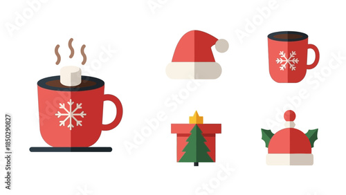 Christmas Icons Set Hot Drink Gift Box Santa Hat Holly Hat.