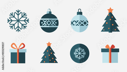 Christmas Ornaments and Gifts Collection Flat Design Icons.