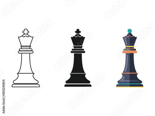 White black and colorful chess queen icon set