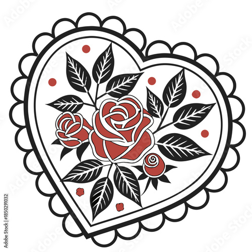 Tattoo Style Heart with Roses: A romantic heart-shaped design, decorated with elegant roses and foliage in a classic tattoo art style, perfect for expressing love and passion.