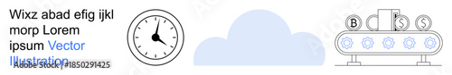 Business automation, time management, cloud computing, financial technology, digital tools, productivity. Clock, cloud and conveyor with currency symbols. Time management and cloud computing