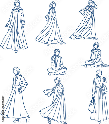 Outline drawings of Muslim women in elegant hijabs and flowing dresses female fashion