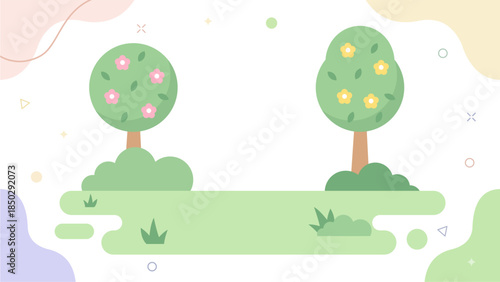 Spring Park Landscape with Trees in Modern Flat Vector Style