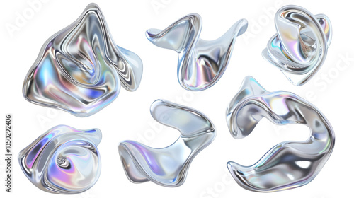 Set of silver shapes fluid holographic Iridescent 3D render icon isolated on white background