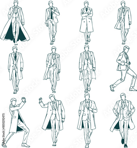 Twelve line art illustrations of men in suits and trench coats in various poses male fashion