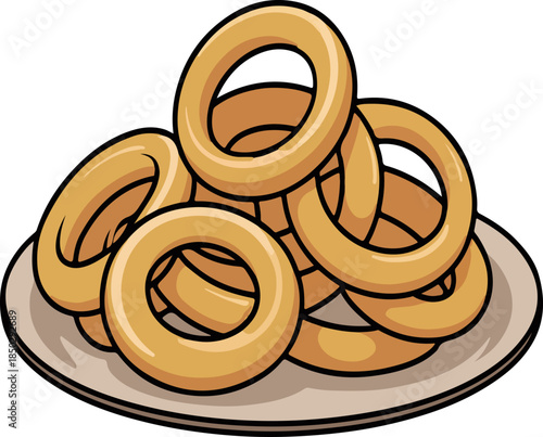 Crispy onion rings cartoon vector illustration fried appetizer snacks on plate isolated
