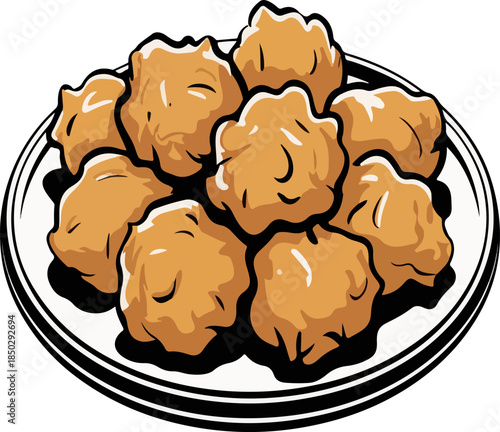 Chicken pakora cartoon vector illustration crispy fried chicken snacks on plate isolated