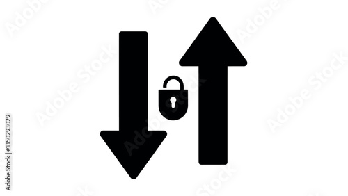 Secure data exchange with locked padlock and arrows