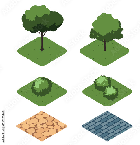 A comprehensive vector set of isometric environment elements, featuring lush bushes, diverse trees, and modular road segments.