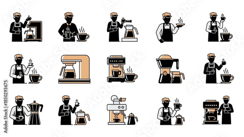 Barista making coffee with various coffee machines and brewing methods.
