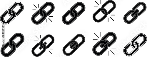 A collection of 3d chain link icons with varying line styles