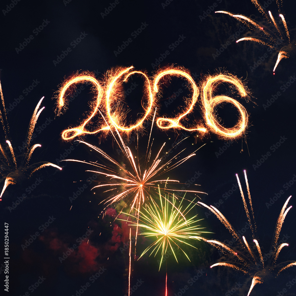 Naklejka premium Happy New Year 2026 Firework Display in Night Sky. Golden sparklers forming the number 2026 against a dark sky with colorful fireworks. vibrant celebration of the upcoming year, holiday greetings