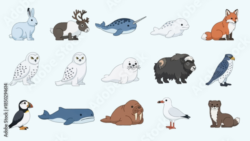 Collection of Arctic Animals in a Flat Design Style.