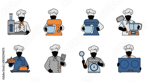 Collection of Chefs with Kitchen Appliances and Food Items.