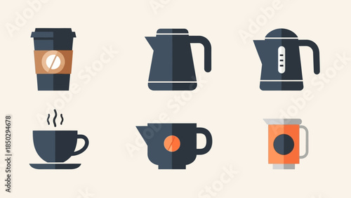 Collection of coffee and tea related icons including kettles cups and mugs.