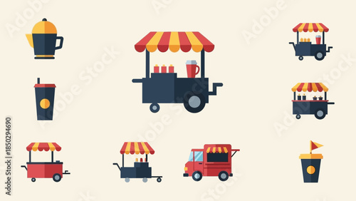 Collection of colorful food and drink carts and cups.