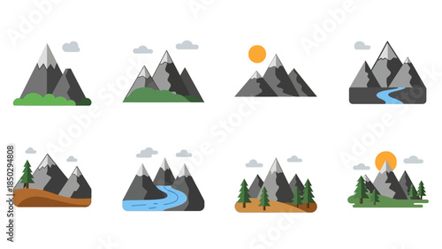 Collection of eight stylized mountain landscape illustrations.