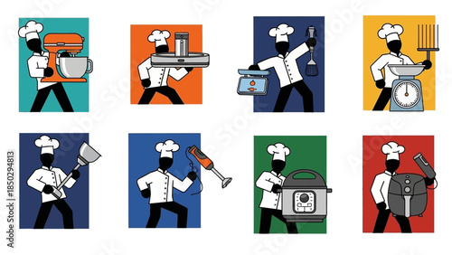 Collection of eight stylized chefs in various poses holding different kitchen tools and appliances.