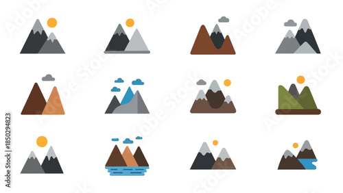 Collection of Flat Design Mountain Icons with Sun and Clouds.