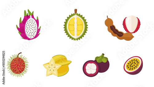 Collection of Exotic Tropical Fruits Displayed Individually.