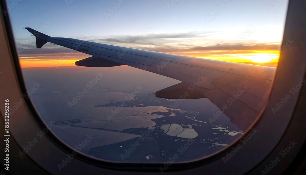 Obraz premium 夕焼けに染まる空を背景に飛行機の窓から旅客機の翼と景色を眺める情緒的な時間