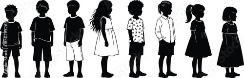 Children silhouettes collection featuring boys and girls standing in side view poses isolated on white background