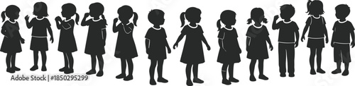 Children silhouettes collection of boys and girls standing poses isolated on white background for education design illustration stock