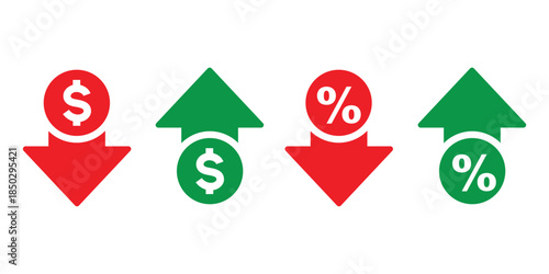 PrintDollar price up and down icon in outline style. Dollar coin graph up and down symbol. Money cost arrow growth, decline. Currency investment. Up and down dollar arrow. illustration.