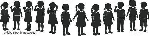 Children silhouettes set showing boys and girls in standing poses isolated on white background for education design