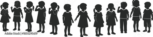 Children silhouettes set with boys and girls standing in different poses isolated on white background for education design