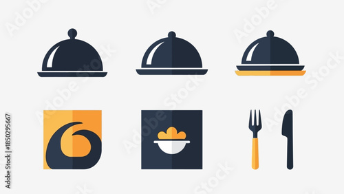 Collection of food service icons including cloches bowls and cutlery.