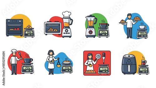 Collection of kitchen appliances and chefs in various cooking scenarios.