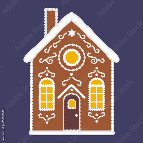 Christmas fantasy house made of cookies. A gingerbread houses on the dark background. Festive decor elements, traditional symbols illustration in flat cartoon style.  New Year sweets. Vector EPS 10