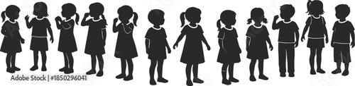 Set of child silhouettes showing girls and boys in various standing poses, playful gestures, and casual clothing, isolated on white