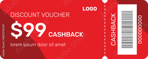 Discount ticket voucher of red color with barcode on transparent background. Text editable ticket for cashback, offer, discount, coupon, free,. Vector illustration