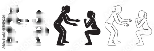 Two figures demonstrating a squat exercise, evolving from pixelated to silhouette to line art