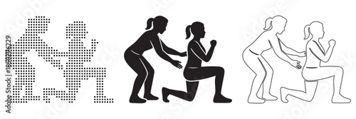 Fitness instructor guides woman through lunge exercise, demonstrating proper form and support.