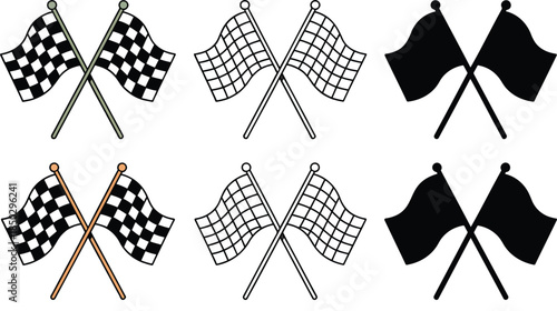 Crossed checkered flag silhouette & Outline and illustration set isolated on transparent background