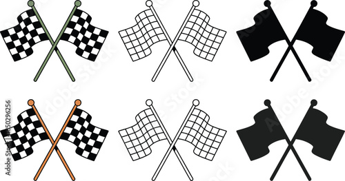 Crossed checkered flag silhouette & Outline and illustration set isolated on transparent background
