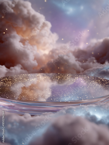 Ethereal nebula background with floating glass podium for product placement.