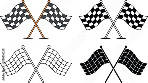 Crossed checkered flag silhouette & Outline and illustration set isolated on transparent background