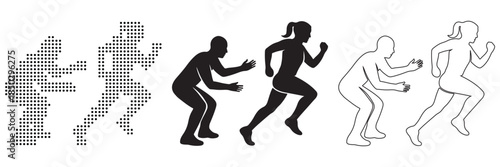 Diverse human figures illustrate the progression of movement from pixelated start to clean outline.